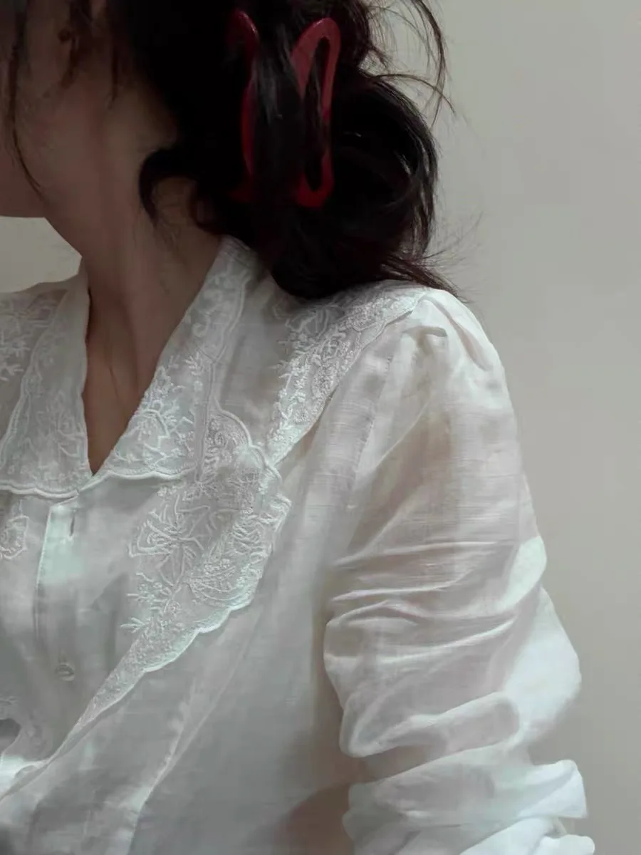 

Белый кружевной длинный све айрт с вышивкой, женский летний тонкий свободный утягивающий солнцезащитный топ, корейский Sle Commute Faion