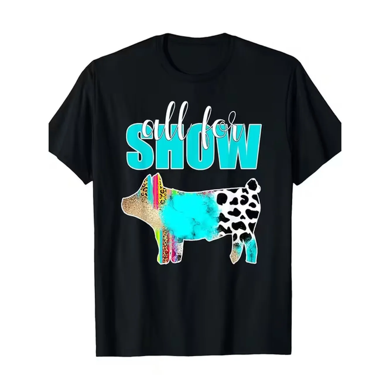 Camiseta de algodón con estampado gráfico de vaca, color turquesa, manga corta, cuello redondo, informal, lavable.