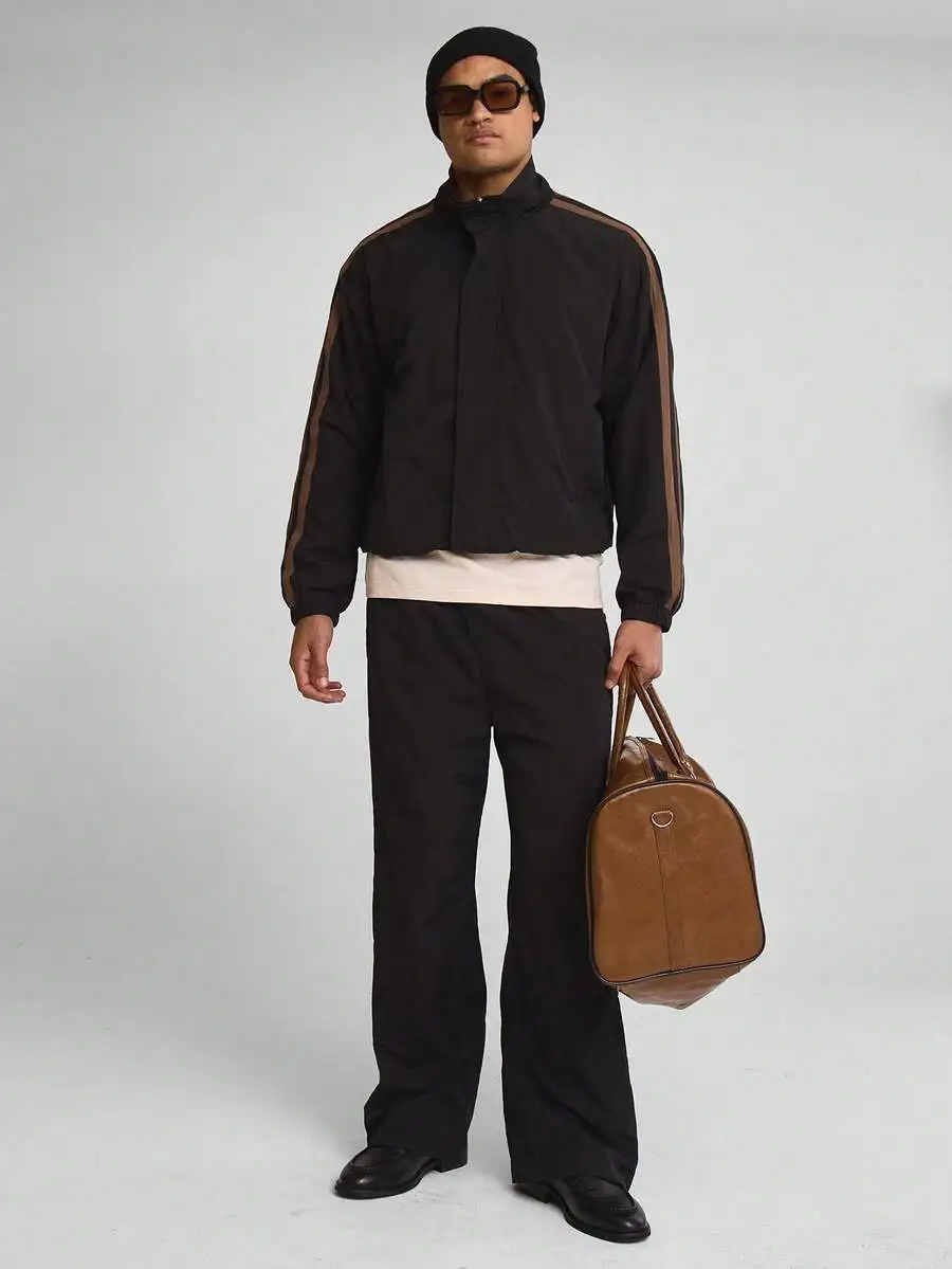 Wide Leg Baggy Track Pants With Contrast Stripe Elastic Waist Casual Trousers