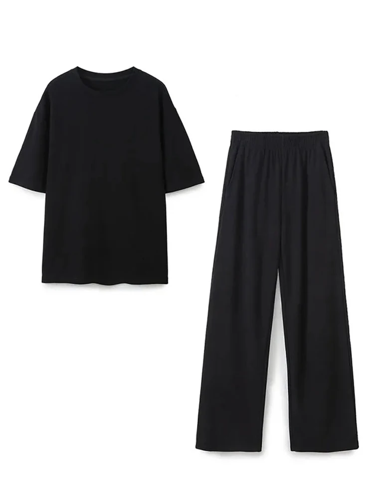 HH 2024 Women\'s Solid Basic T Shirts Loose Casual Set Fashionable Stretch High Waist Female Pants 2-piece Spring Suits