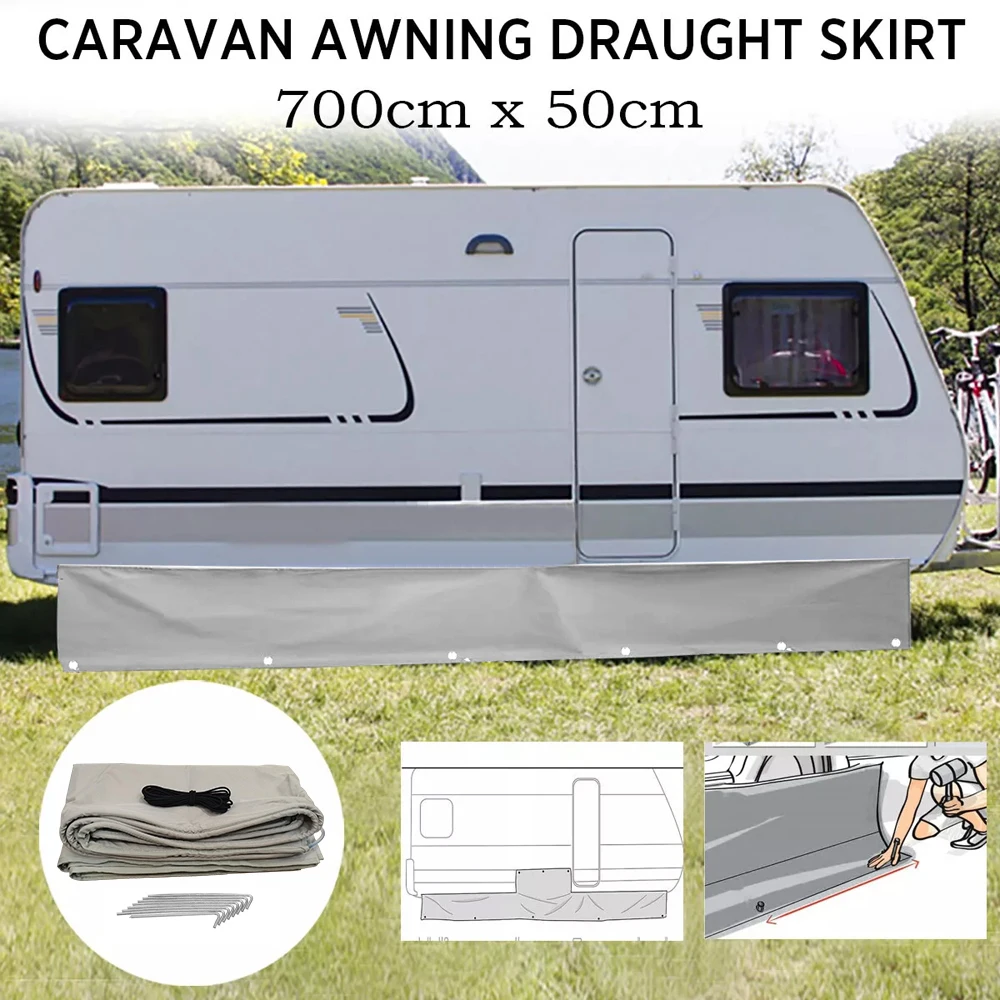 Wohnmobil-Markisen-Zugluftschutz, 700 x 50 cm lang, tief, mit Radkastenabdeckungen, Saugnäpfen und Zugluftzubehör für Wohnwagen, Reisemobile und Campervans
