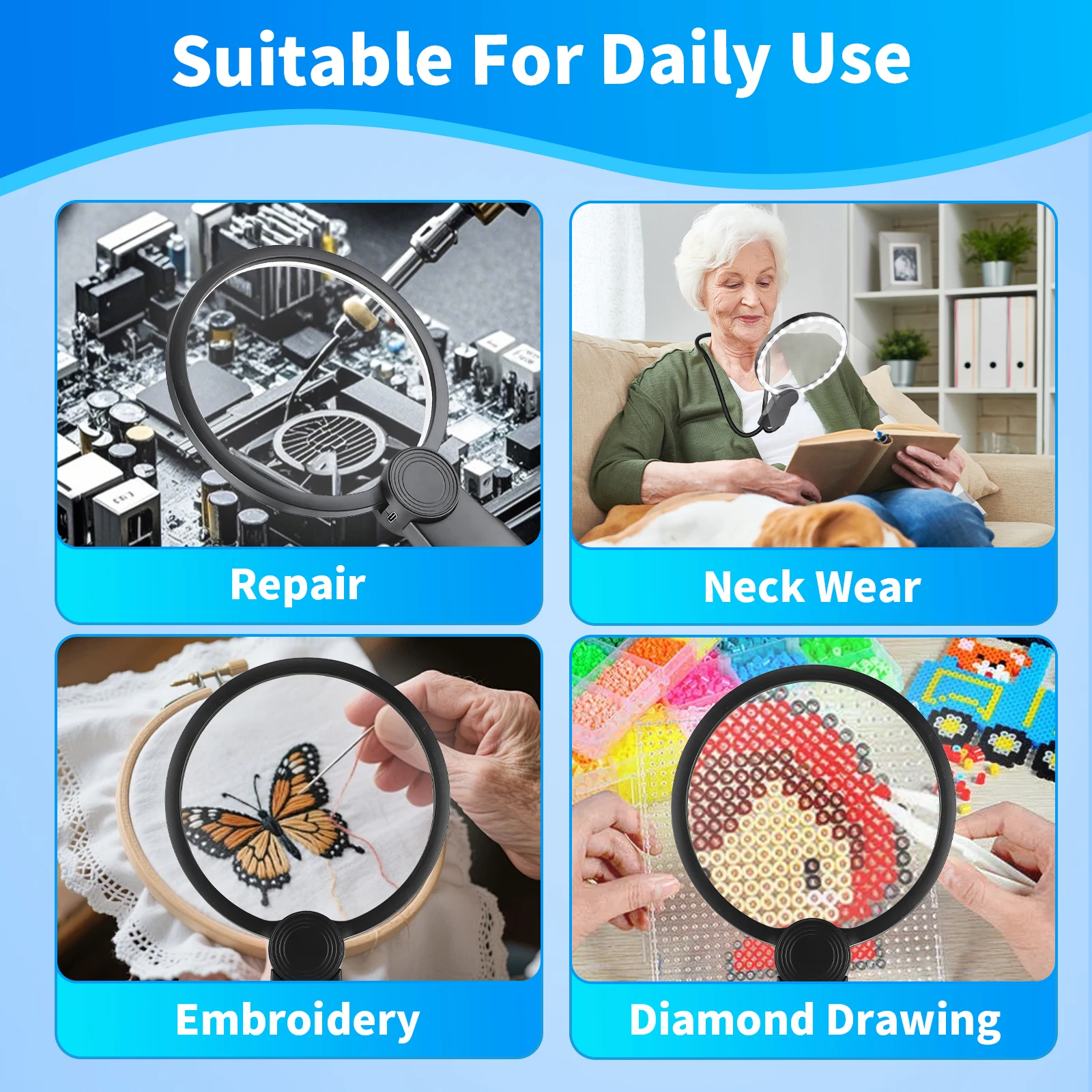 Large Magnifier with Light Hands Free for Reading, Magnifying Glass for Reading, Neck-Worn Large Magnifier for Seniors