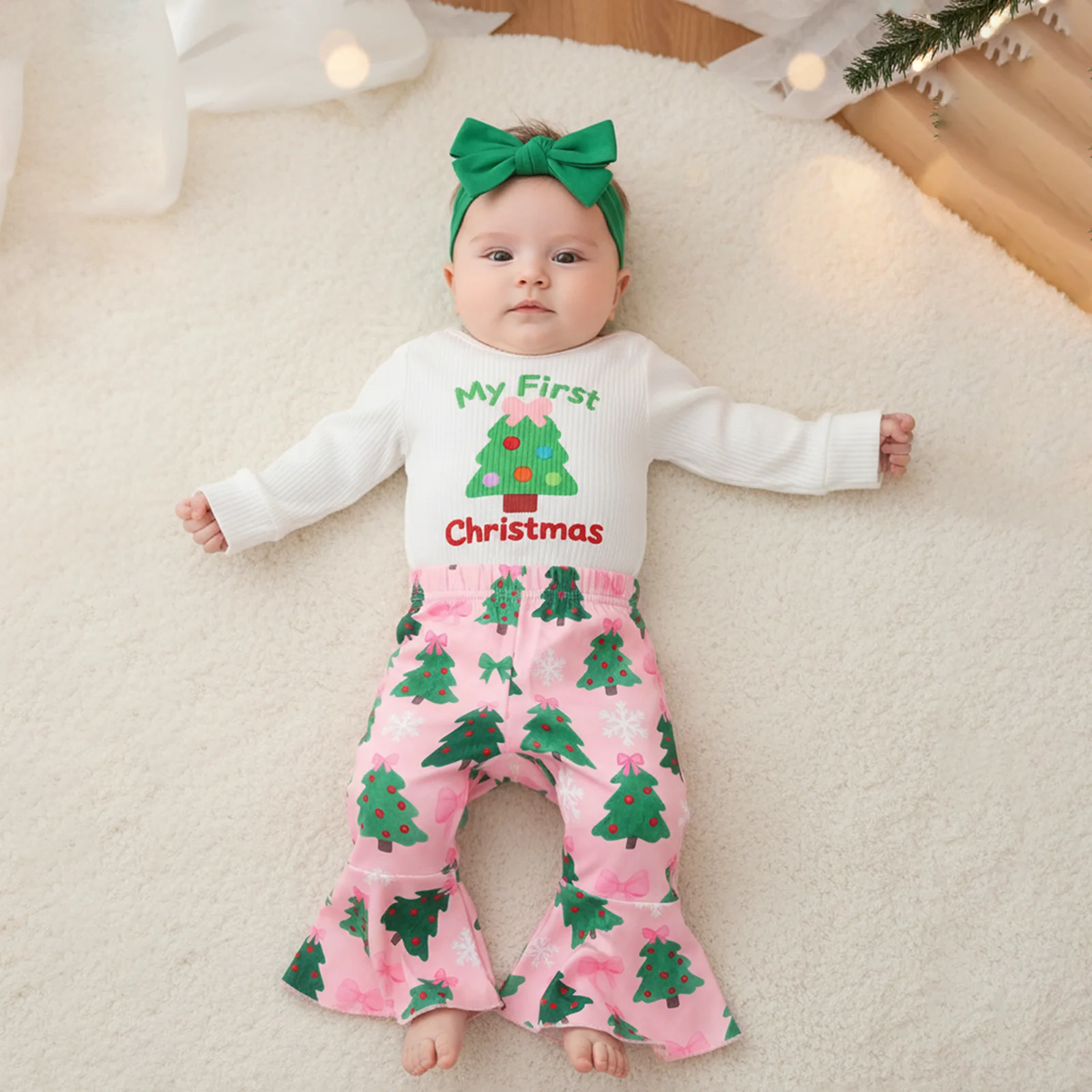 Baby Girl First Christmas Outfits Long Sleeve Romper with Tree Pattern Flare Pants and Bow Headband 3 Pcs Set