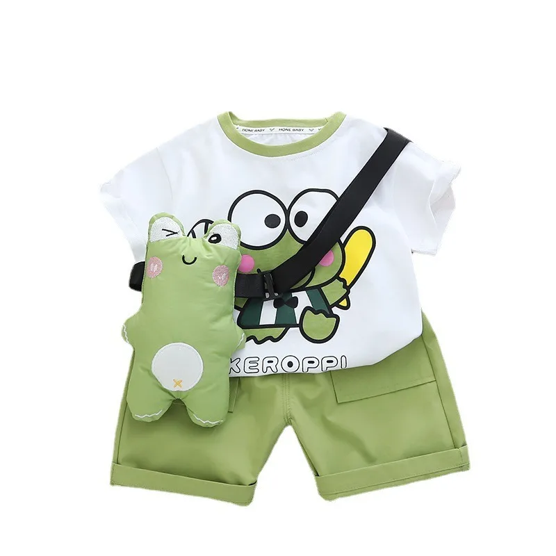 MINISO Children's Suit 2024 Summer Boys and Girls Loose Casual Cute Backpack Small Frog Print Brother and Sister Suit