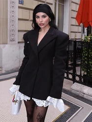 Fantoye Patchwork Notched Collar Lace Women Dress Black Long Sleeve High Waist Dress Female Autumn Slim Elegant Party Clubwear