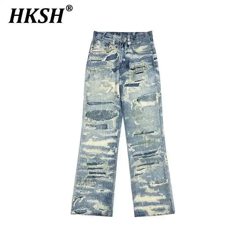 

HKSH Autumn New Men's Tide Punk American Vintage High Street Trendy Jeans Holes Personalized Punch Loose Denim Pants Chic HK2852