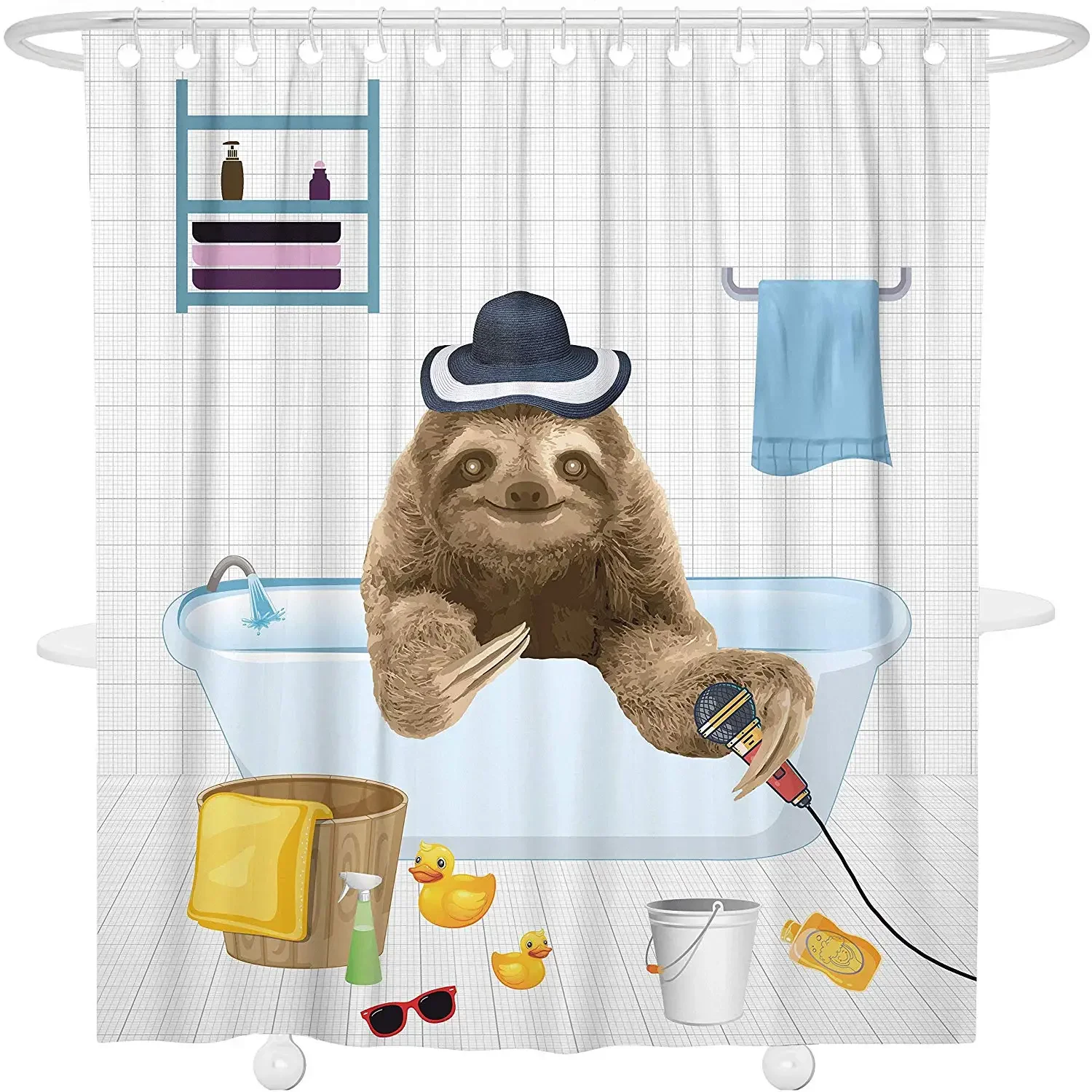 Funny Bathroom Decoration Decor Waterproof Polyester Sloth Take a Shower Bath Curtain with Hooks