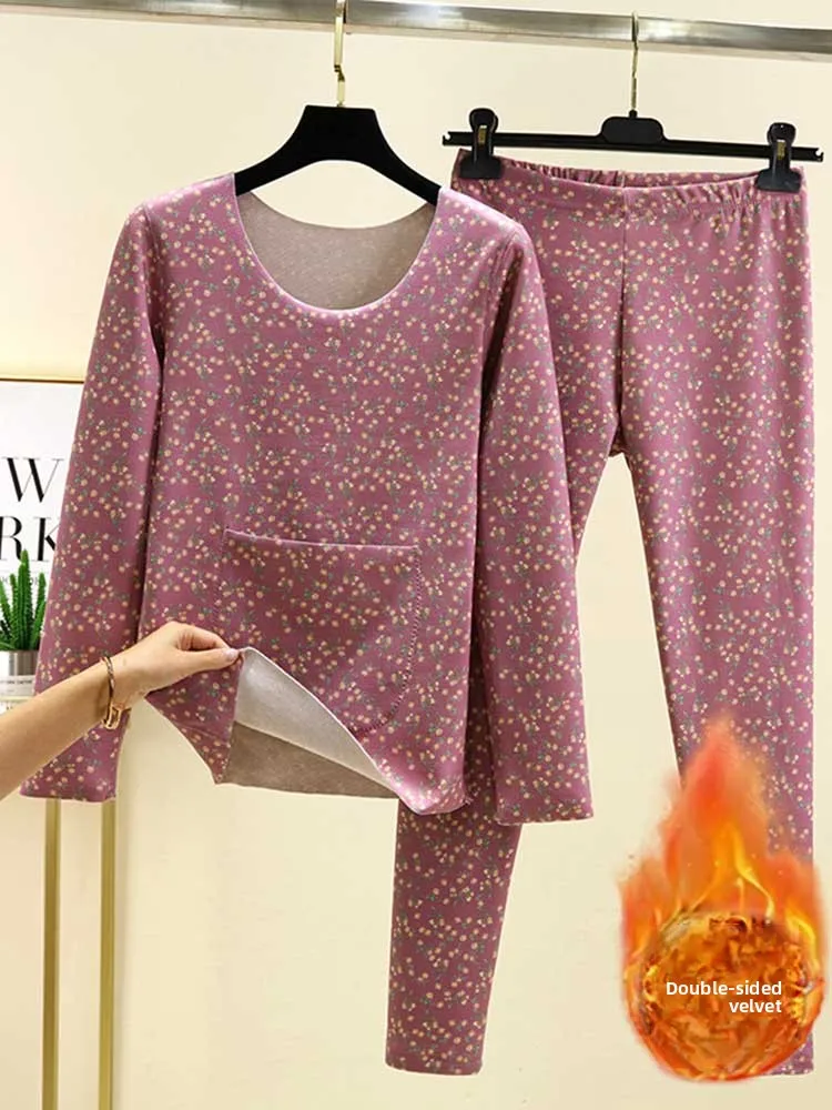 

Thickened Double-Sided German Velvet Warm Underwear Set Women's Winter Fleece Lined Flannel Brushed Bottoms Long Sleeve round...