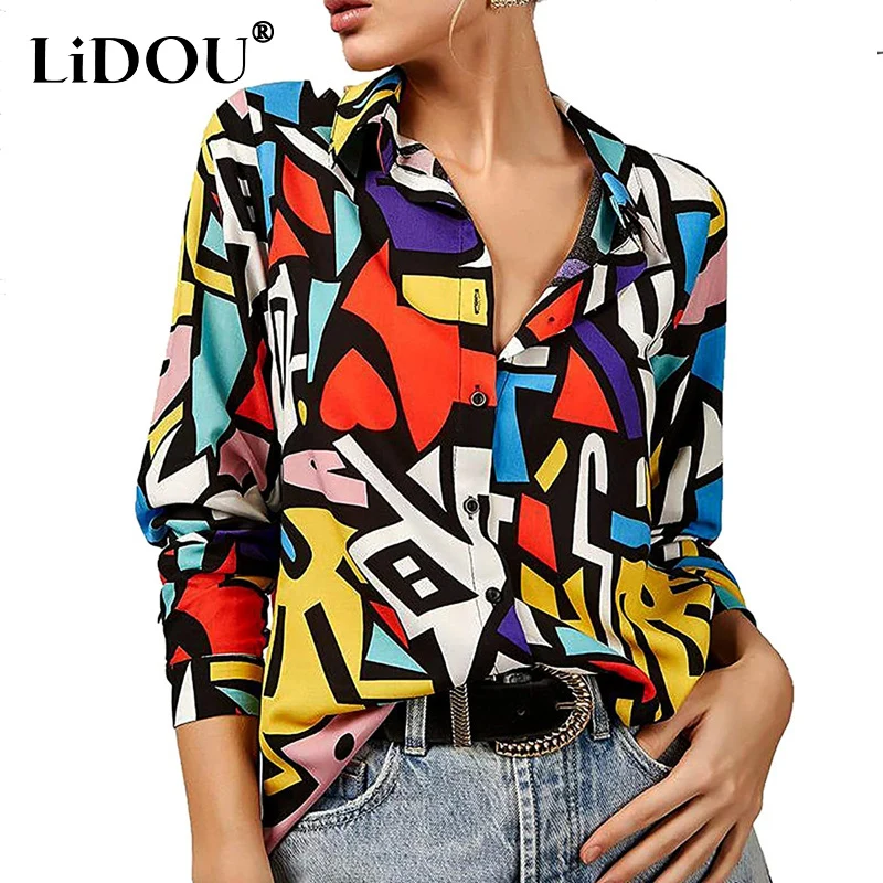 Spring Autumn Streetwear Casual Fashion Printing Blouse Female Long Sleeve Single Breasted Shirt Top Cardigan Women\'s Clothing