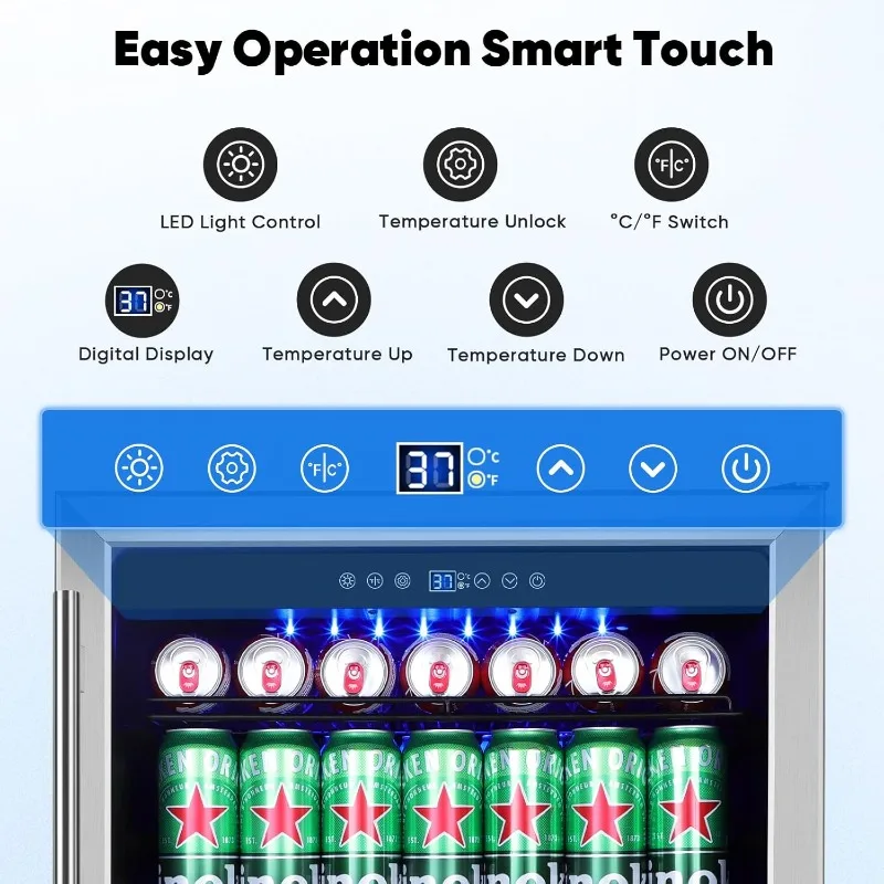 Refrigerator & Cooler, 180 Cans Under Counter Fridge with Lock, Glass Door & Powerful Cooling Compressor - Quiet