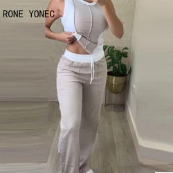 2024 Women Patchwork Tank Round Neck Right Line Decoration Elastic Waist Straight Leg Pants Sets