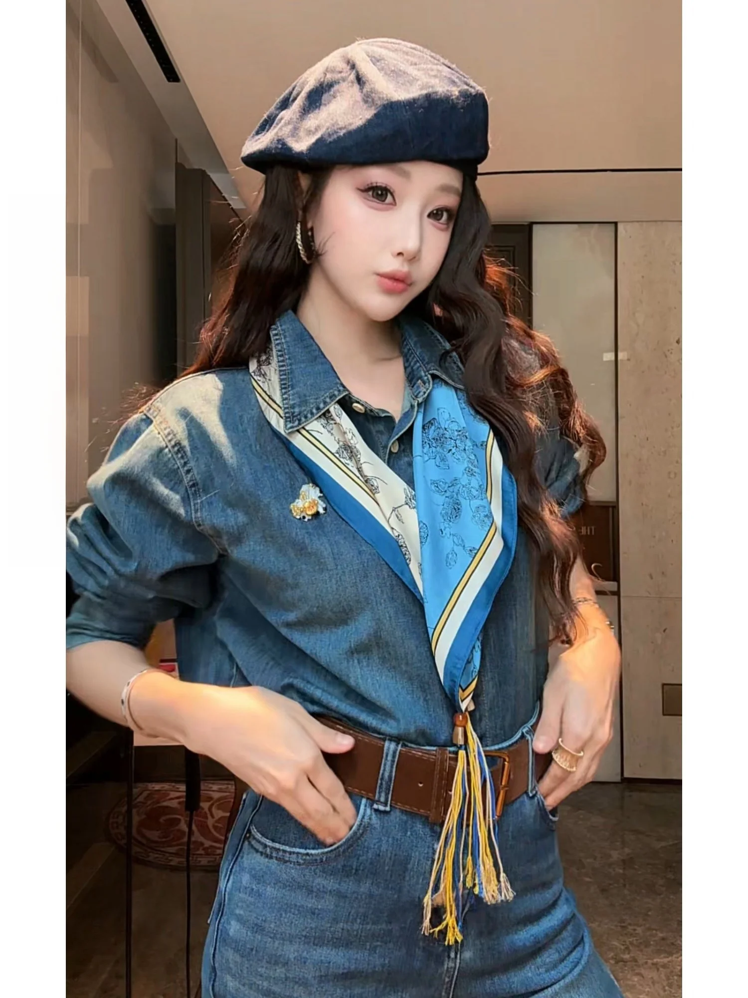 

Faionable Casual Slim Fit Denim Scarf irt NEW DADADA【Hui Xin an Lü】QBM4445 Breathable Skin-friendly Long Sve Button up
