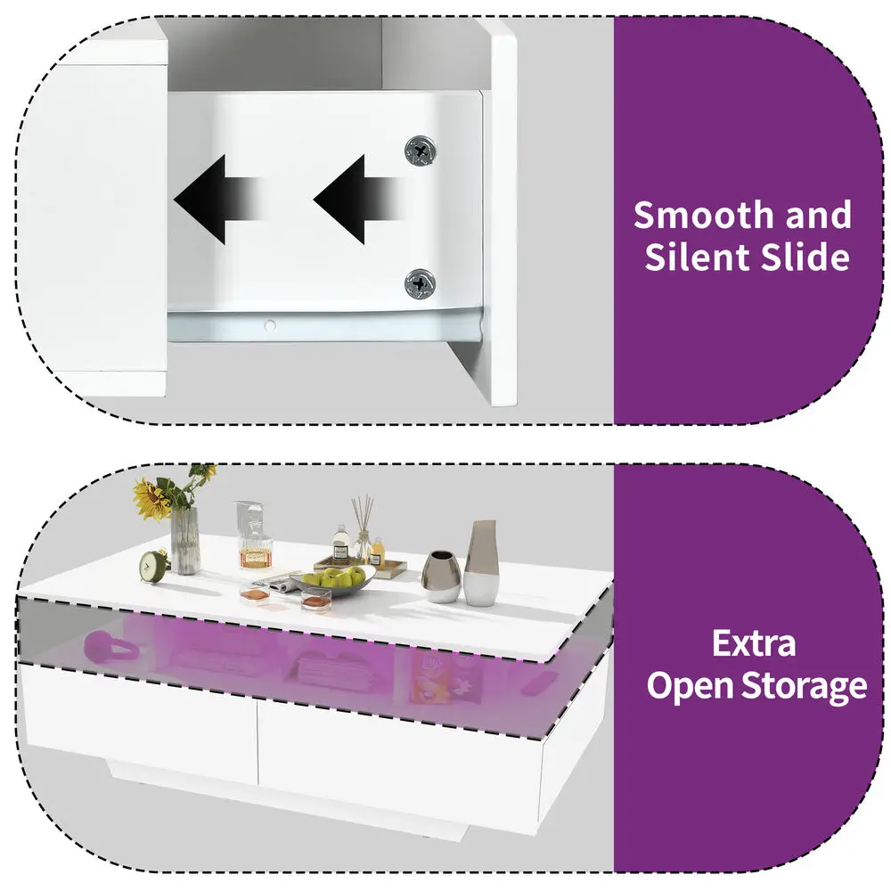 Weißer Hochglanz-Couchtisch mit LED-Licht und 4 Schubladen für das Wohnzimmer