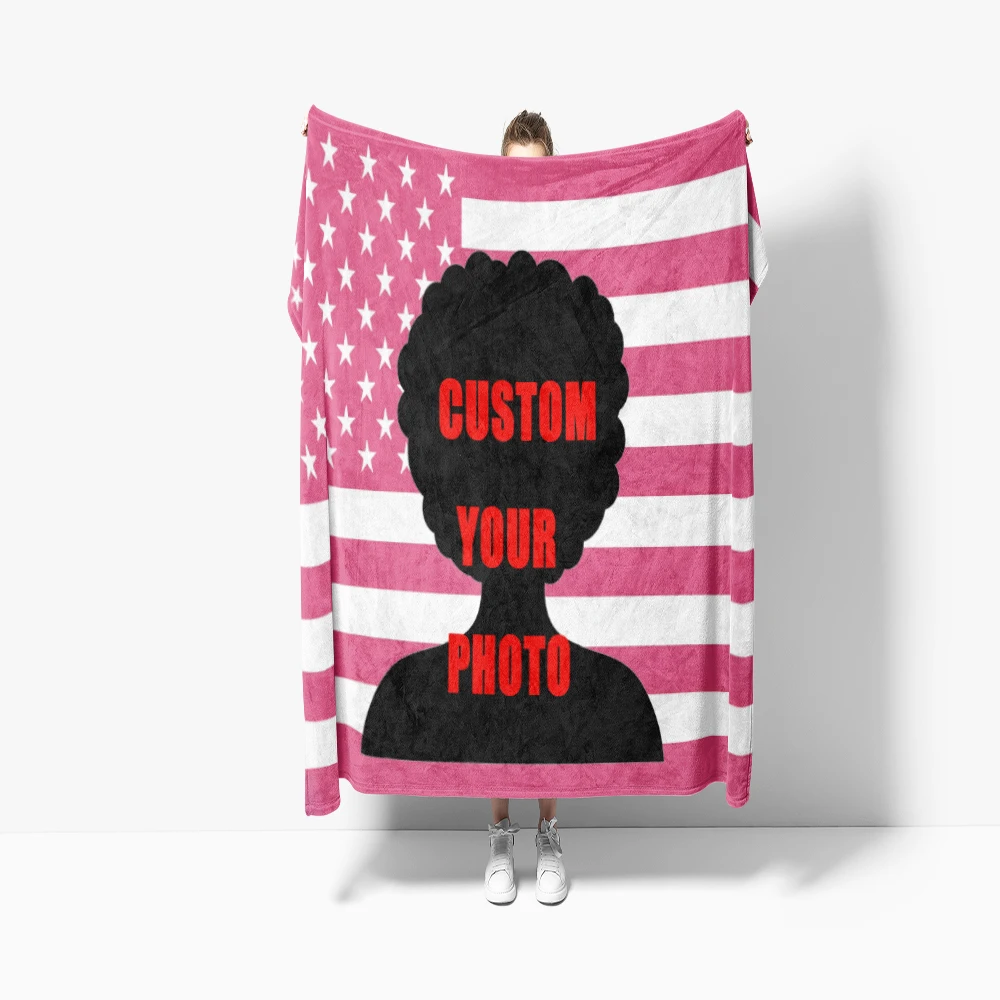 

Personalised Customized Photo Pink American Flag Blanket Custom DIY USA Backdrop Photo&Text Poster for Pets Friends and Family