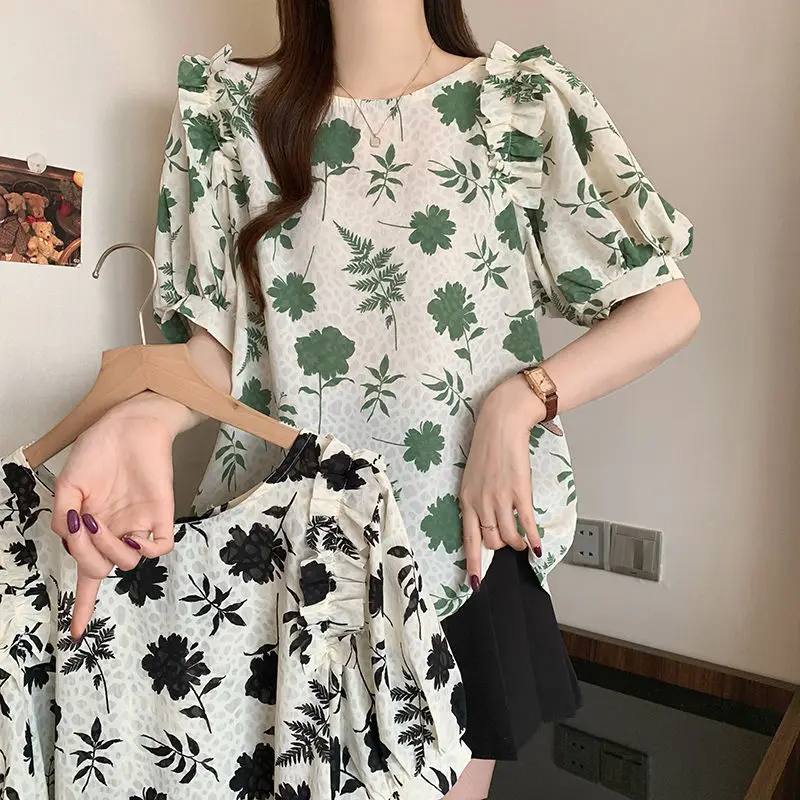Fashionable Folds Spliced Blouse Summer Vintage Floral Printed Women's Clothing Loose O-Neck Casual Backless Drawstring Shirts