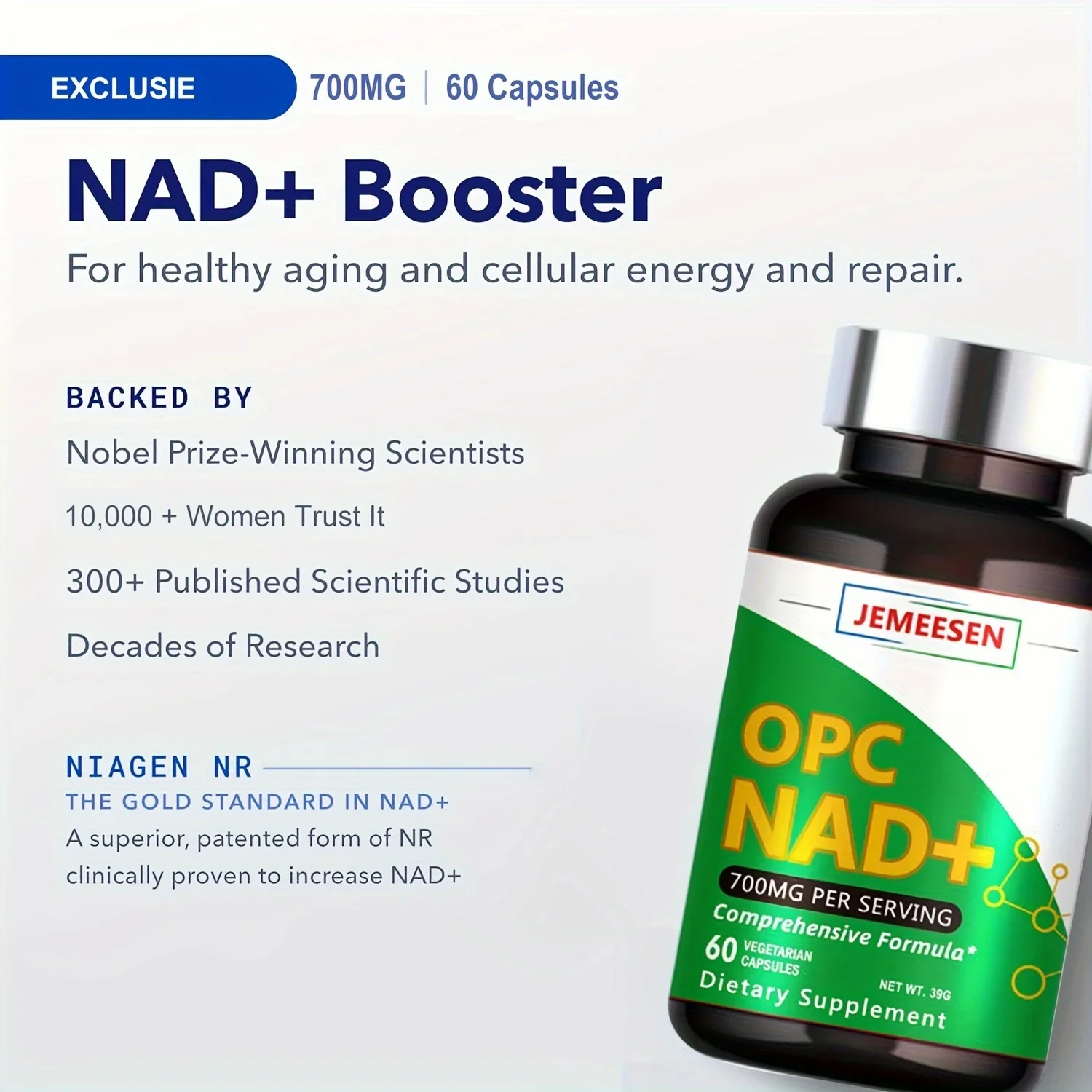 NAD+ Supplement for Anti-Aging & Cell Regeneration, Supports Cellular Energy, Brain, Muscle | Nicotinamide Riboside (NR)