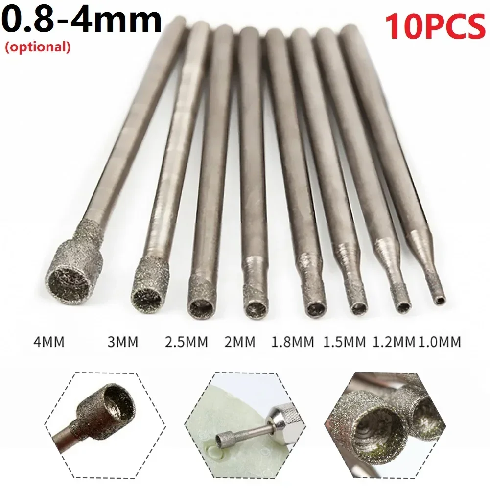 10Pcs 0.8~4mm Rotary Diamond Burr Core Drill Bits Engraving 2.35mm Shank For Glass Tile Grinding Hollow Head Rotary Power Tool