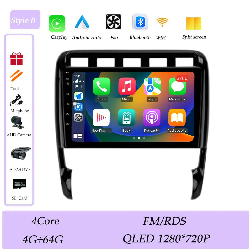 CarPlay voor Porsche Cayenne I 1 9PA 2002-2010 Autoradio Multimedia Speler GPS Navigatie Bluetooth 4G DSP Stereo QLED Scherm