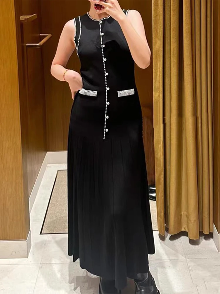 Temperament and elegant stretch Slim round neck sleeveless long women's dress pearl inlaid black knitted dresses 2024 Autumn New