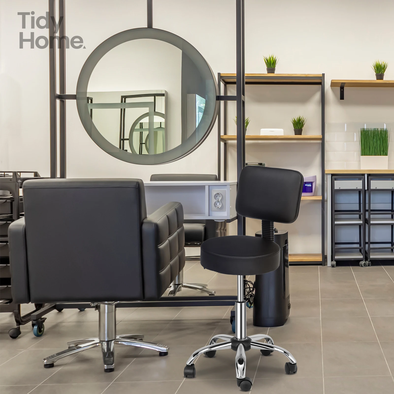 Semi-PU Leather Nylon Wheel 300lbs Round Stool With Backrest Plating Feet Technician Stool ,Multi-Purpose Drafting Spa Bar Stool