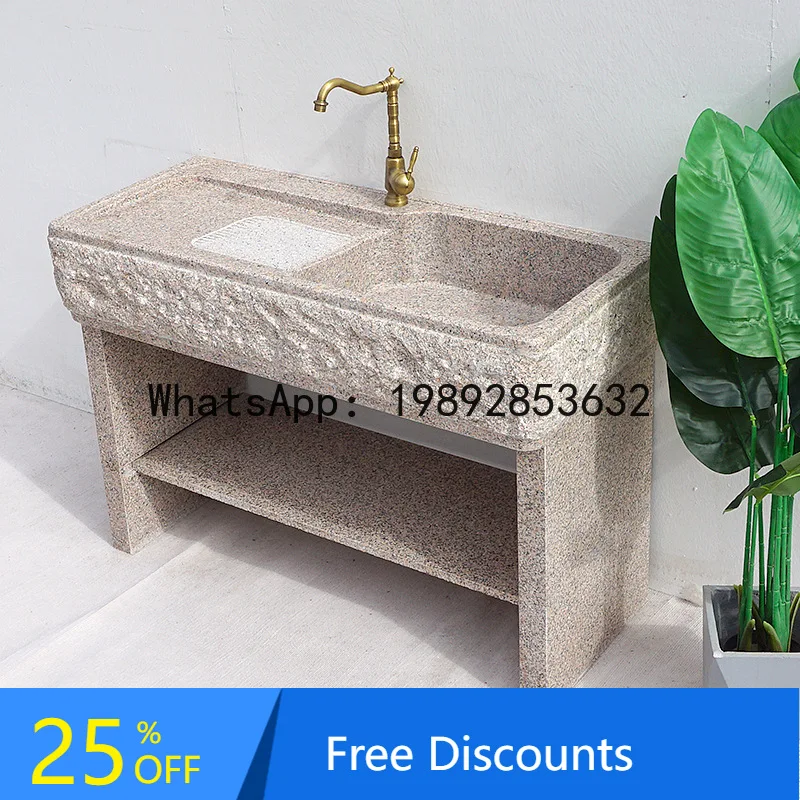 LYY Courtyard Laundry Sink with Washboard Integrated Basin Outdoor Natural Stone Marble Sink Wash Basin Cabinet Door