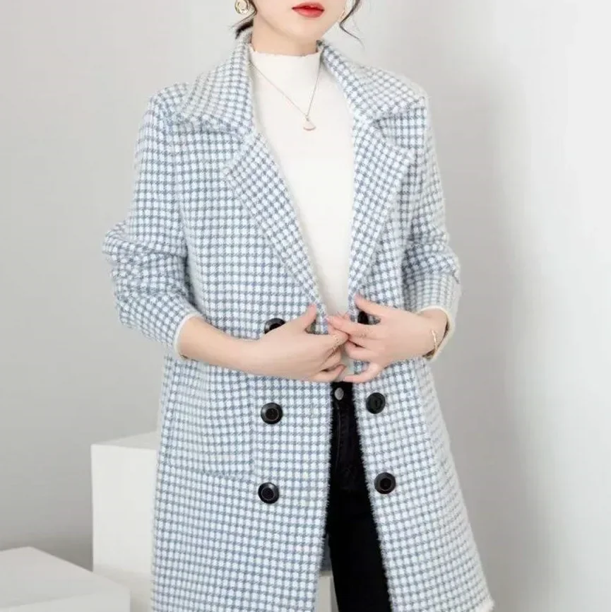 

2024 autumn and winter imitation mink fleece sweater loose coat women's thousand bird grid Korean version medium and long