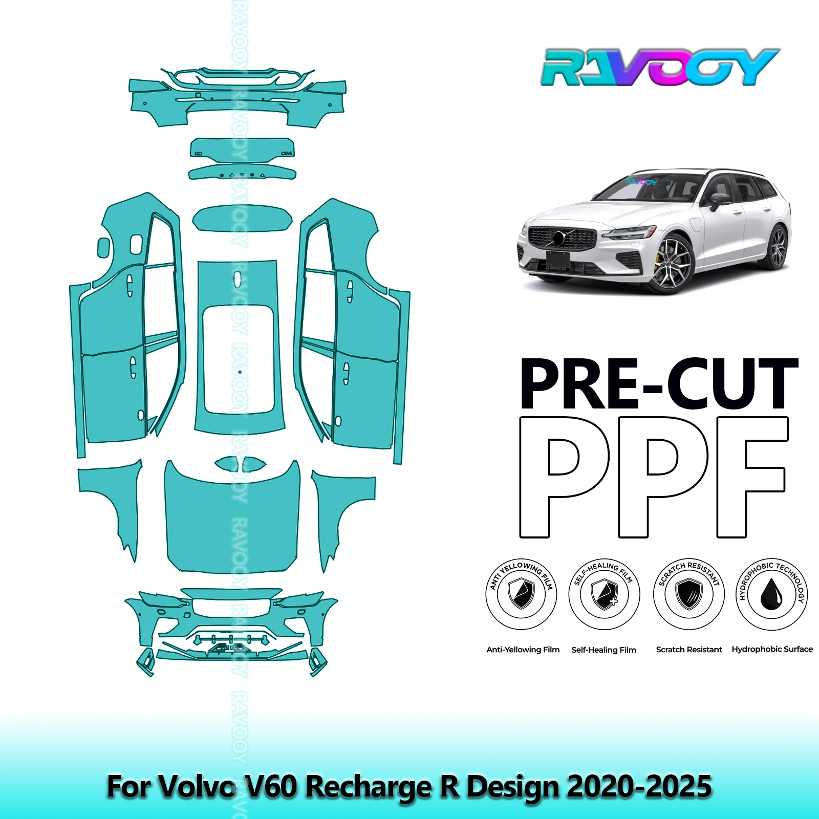 RAVOOY 8.5Mil Custom-Fit Precut TPU PPF Full Vehicle Clear Bra Stone Guard EU UK For Volvo V60 Recharge R Design 2020-2026
