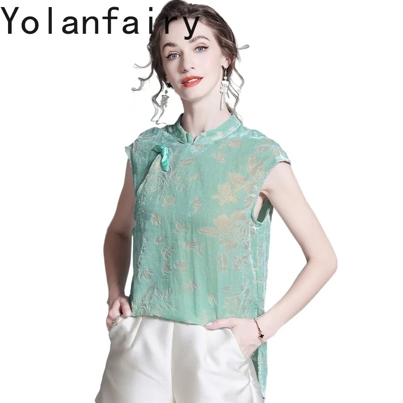 YOLANFAIRY Real Silk Velvet Blouse for Woman Early Autumn Short Sleeve T Shirts Female Elegant Stand Collar Women Top Tee Shirt
