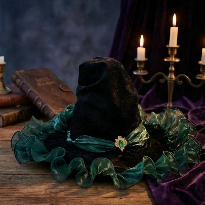 Halloween Emerald Witch Hat Lolita Velvet Costume Accessory Adjustable Party Hat for Women Girls