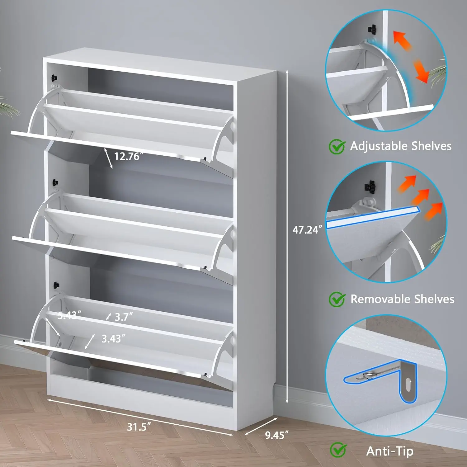 Shoe Cabinet with 3-Flip Mirror Drawers, Freestanding Shoe Rack Organizer with Hidden Handle image 2