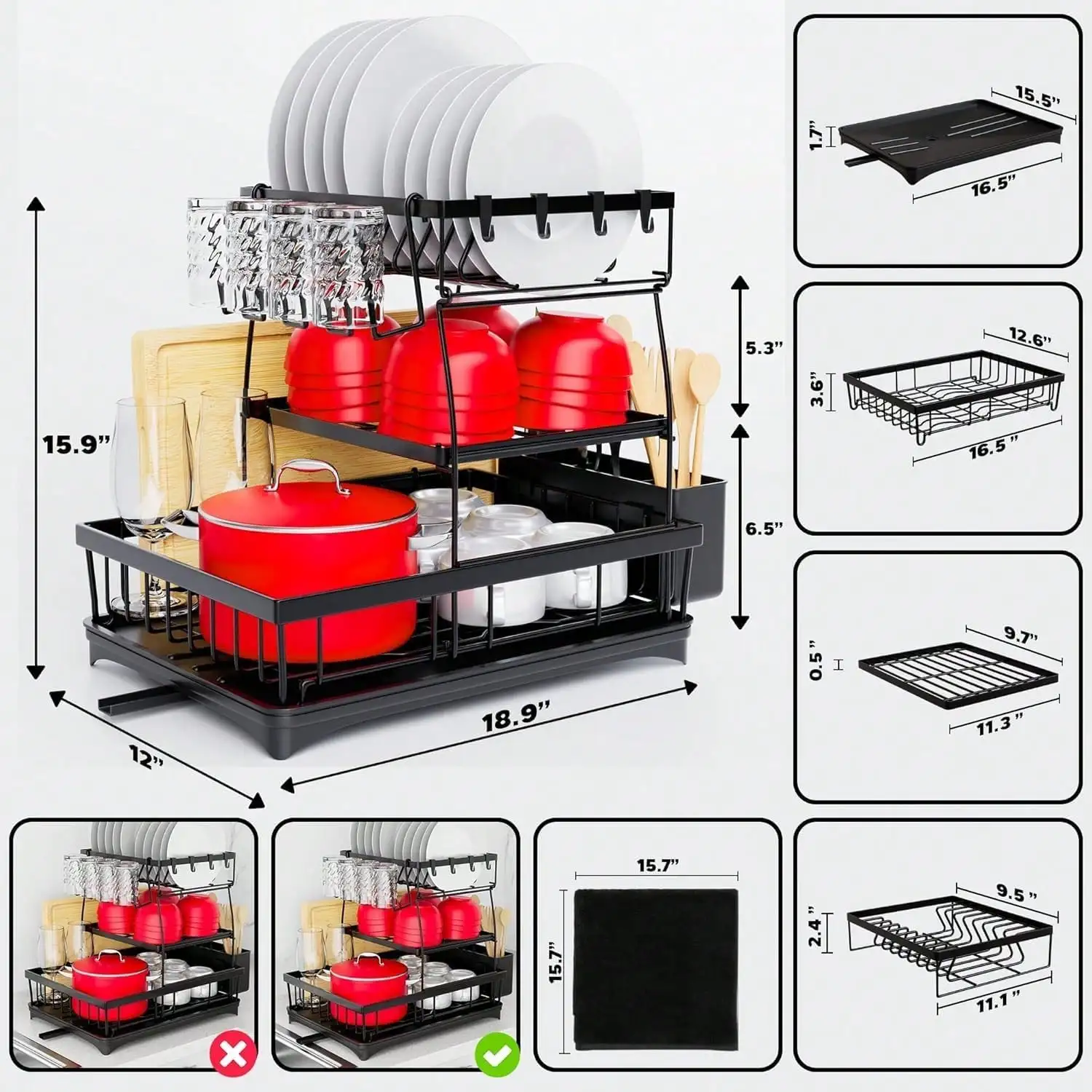 Aoshet 3-Tier Black Stainless Steel Dish Drying Rack: Detachable, Large-Capacity with Cutlery Holder