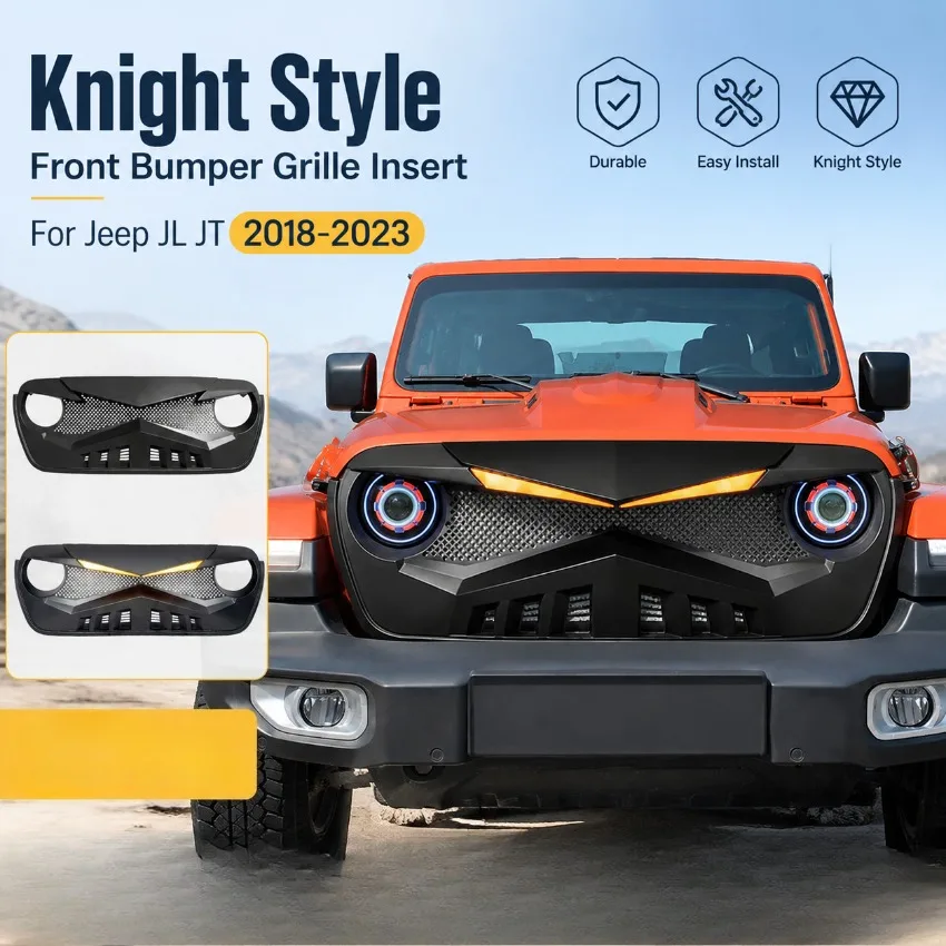 Automotive Front Bumper Grille Insert for Jeep JL JT 2018 2019 2020 2021 2022 2023 Knight Style Offroad Refit Tuning Accessories