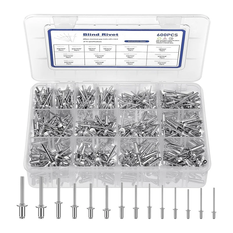 600 Pcs 14 Size  Rivets Assortment Parts Kit Aluminum Rivets (3/32 Inch 1/8 Inch 5/32 Inch 3/16 Inch),Assorted Blind Rivets