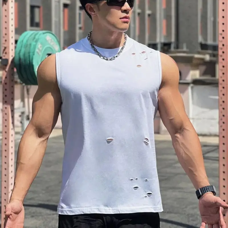 Summer new casual white men's vest with holes fashion top vest cotton wide shoulder round neck sleeveless vest sports men's wear