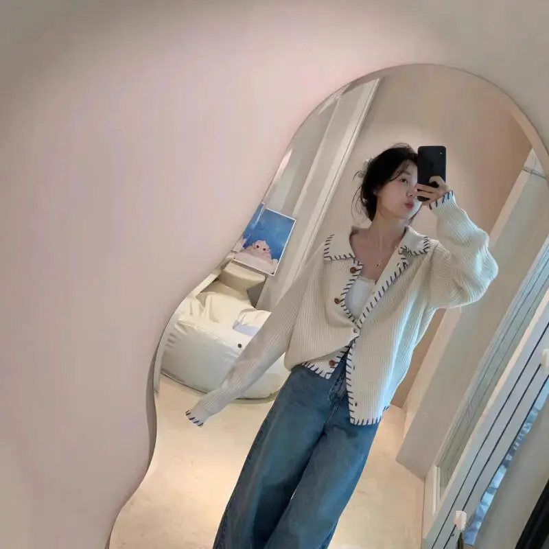 Cárdigan con solapa para niña, suéter con franjas de diferente Color para otoño e invierno, ropa interior de viento perezoso, Tops holgados de estilo Preppy, prendas de punto para mujer al por mayor