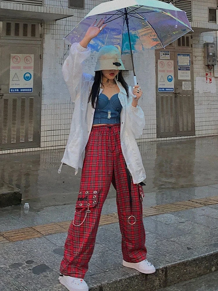 HOUZHOU Punk Cargo Plaid Pants Women Gothic Harajuku Red Checkered Wide Leg Trousers For Female Autumn Streetwear Hippie Fashion