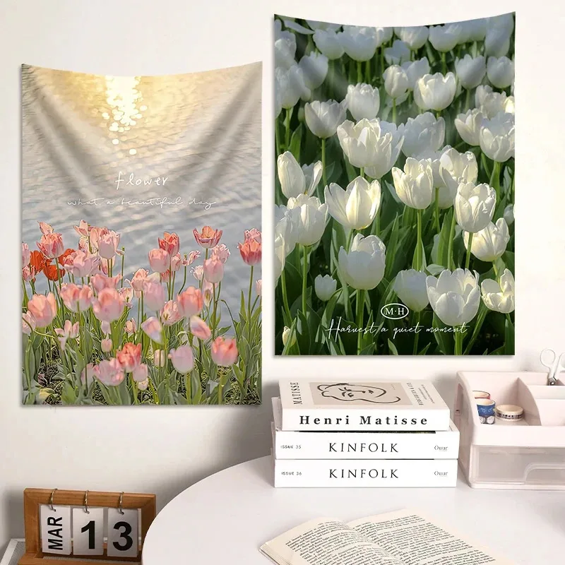 VIKAMA Wandteppich mit Tulpenmuster, natürliche ästhetische Wanddekoration, hochwertige Einrichtung für Schlafzimmer und Wohnzimmer