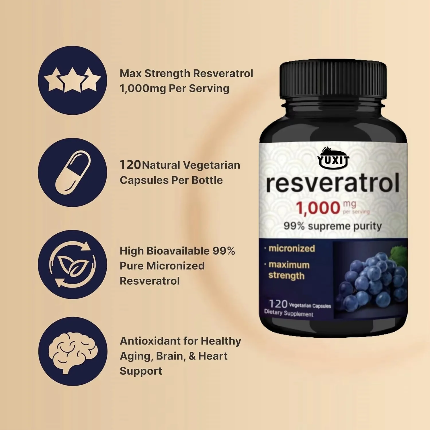 YUXIT Resveratrol Supplement 1000mg Per Serving120 Veggie Capsules, 99% Pure Trans-Resveratrol Brain & Heart Support – Non-GMO