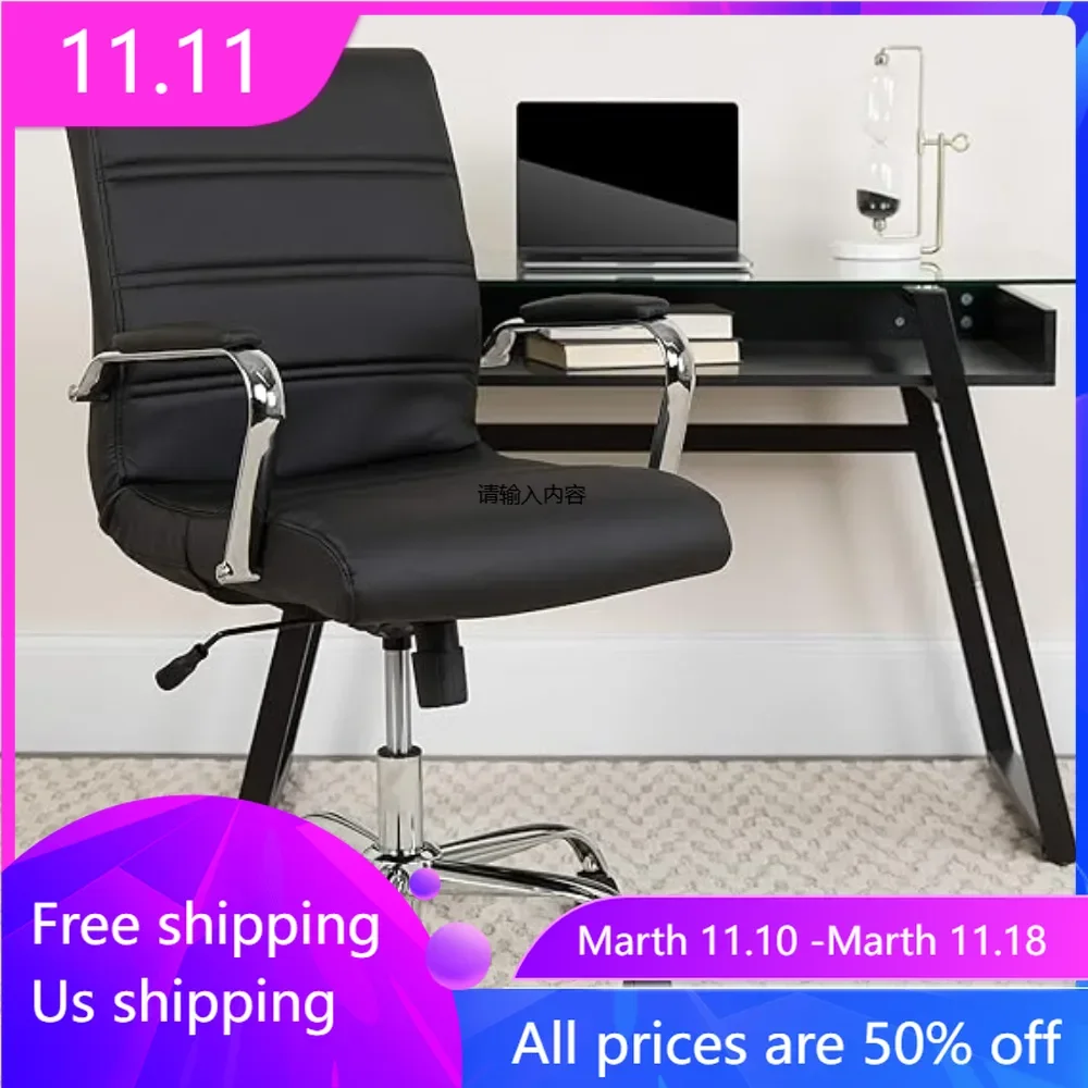 

Middle backrest rotating leather soft office chair with padded seats and armrests, adjustable height office chair, black