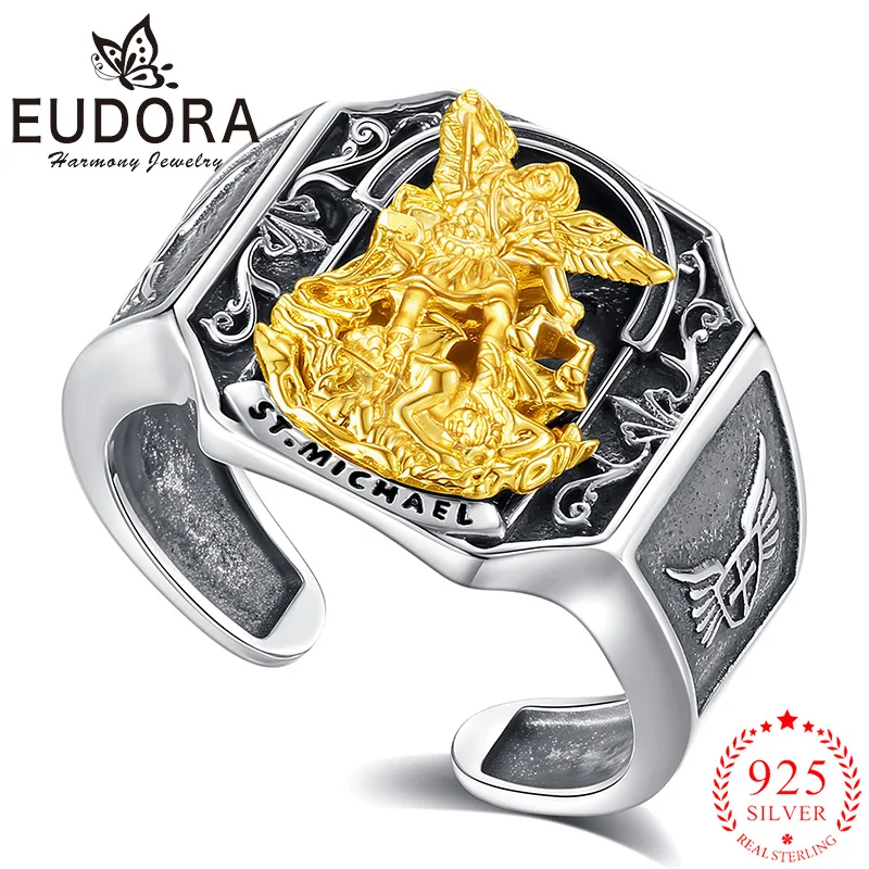 

Кольцо Eudora Saint Michael из стерлингового серебра 925 пробы, регулируемое кольцо с архангелом, христианский амулет, религиозные украшения, винтажный подарок для мужчин
