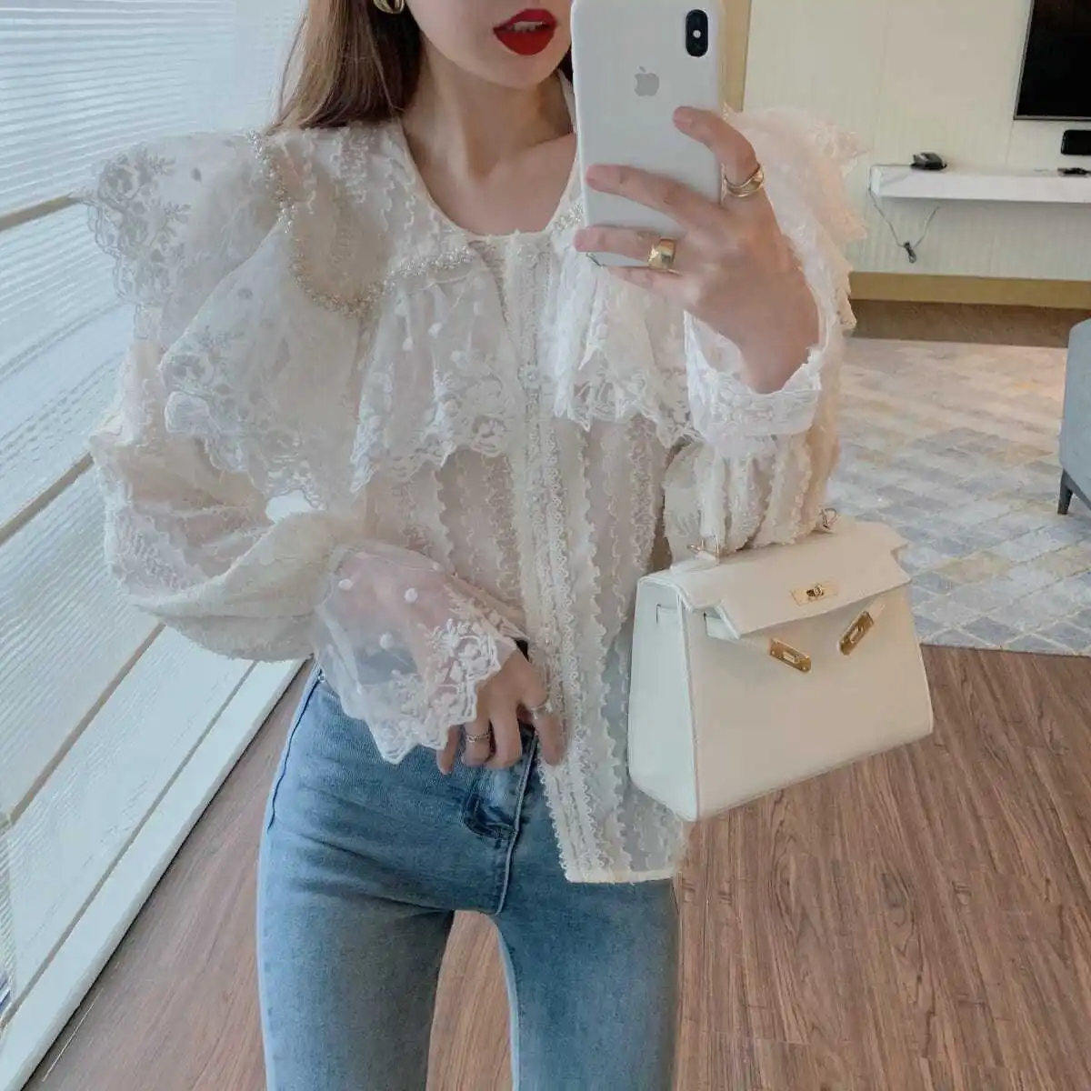 Long Sleeved Shirt for Women, Sensitive Lace Top, Loose Collar, Single Breasted, Spring and Autumn, New Design, 2024