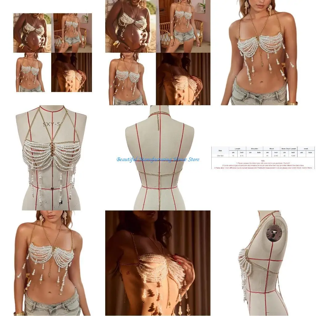 

E56A Women's Handmade Imitation Pearls Chest Jewelry Halter Neck Body Chain Camisole