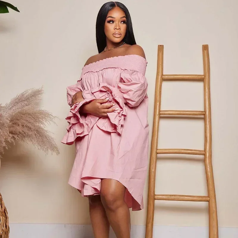 GUWU 오프 숄더 a 라인 섹시한 드레스 여성 우아한 슬래시 넥 프릴 플레어 슬리브 튜닉 셔츠 드레스 루즈 캐주얼 파티 드레스
