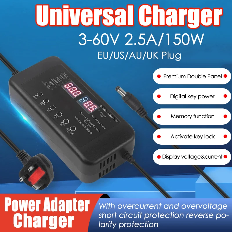 Adjustable Power Adapter Charger 3V-60V 150W with Display Screen Charger for Lithium Iron Phosphate/Lead-Acid Battery