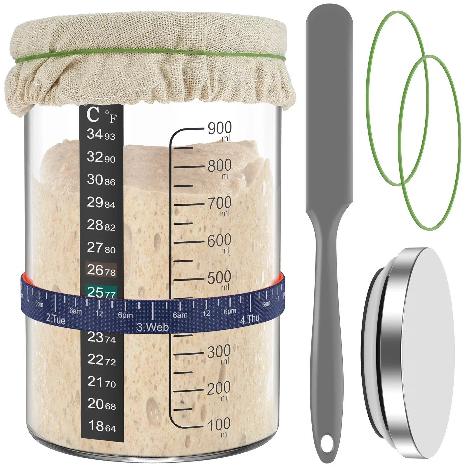 

Sourdough Starter Jar 900ml Sourdough Starter Container with Spatula Feeding Band Reusable Glass Sourdough Fermentation Jar