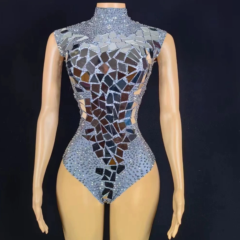 Body de diamantes de imitación con espejos plateados brillantes para mujer, traje de actuación de baile Sexy, leotardo sin mangas para club