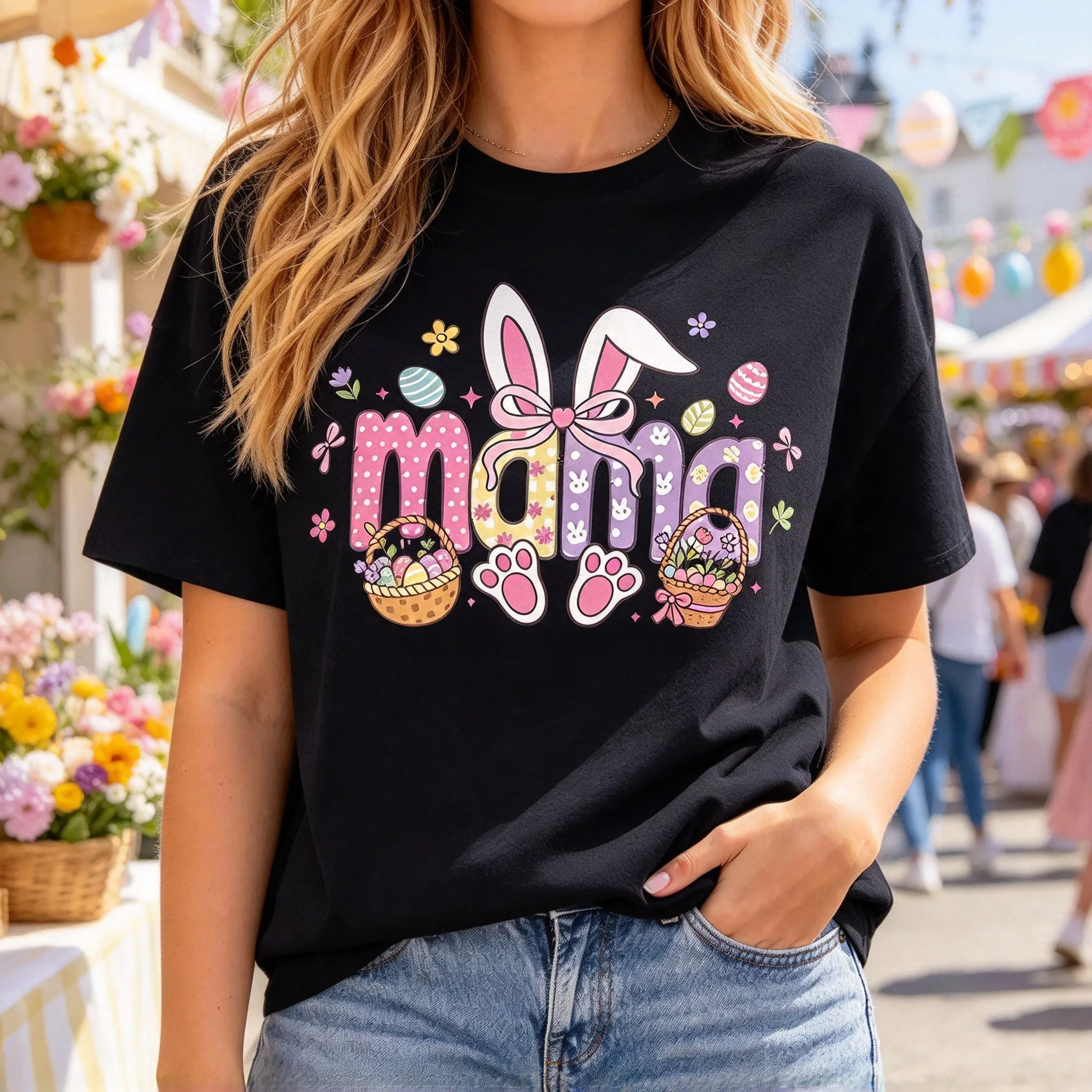 Mama Easter Bunny Egg Basket Graphic T Shirt Women Crew Neck Short Sleeve Tee Cute Easter Slogan Print Casual Top