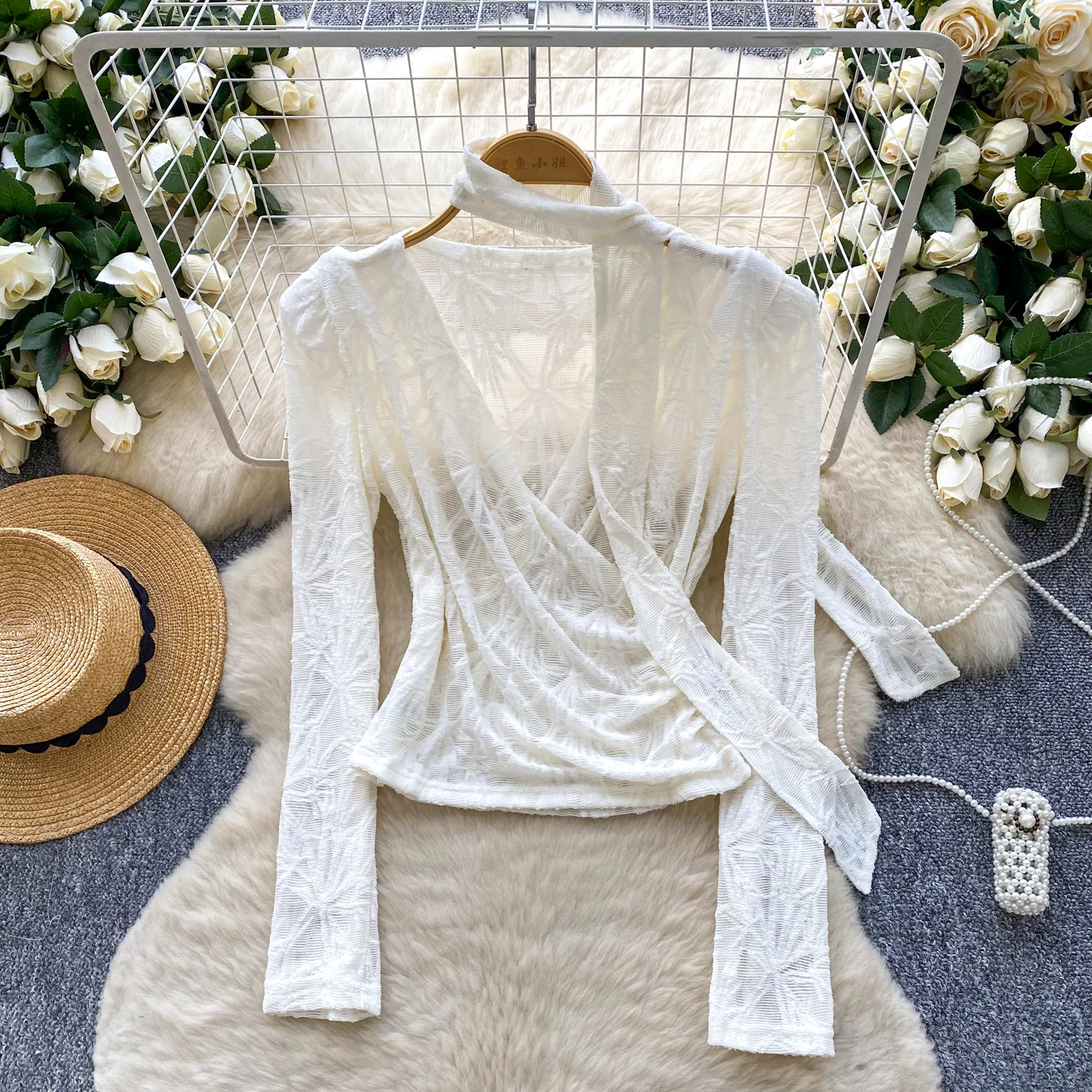 

Винтажная элегантная сетчатая блузка с длинными рукавами крест-накрест, модная рубашка, повседневная шикарная женская рубашка Fairy