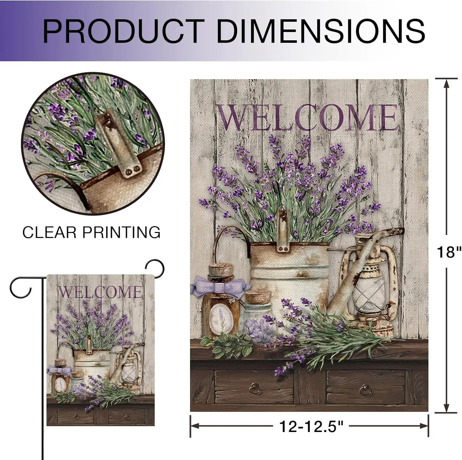 Welcome Spring Summer Garden Flag Lavender Flower Bucket, Decorative House Yard Lawn Outdoor Small Burlap Flag Lantern Decor, Vi