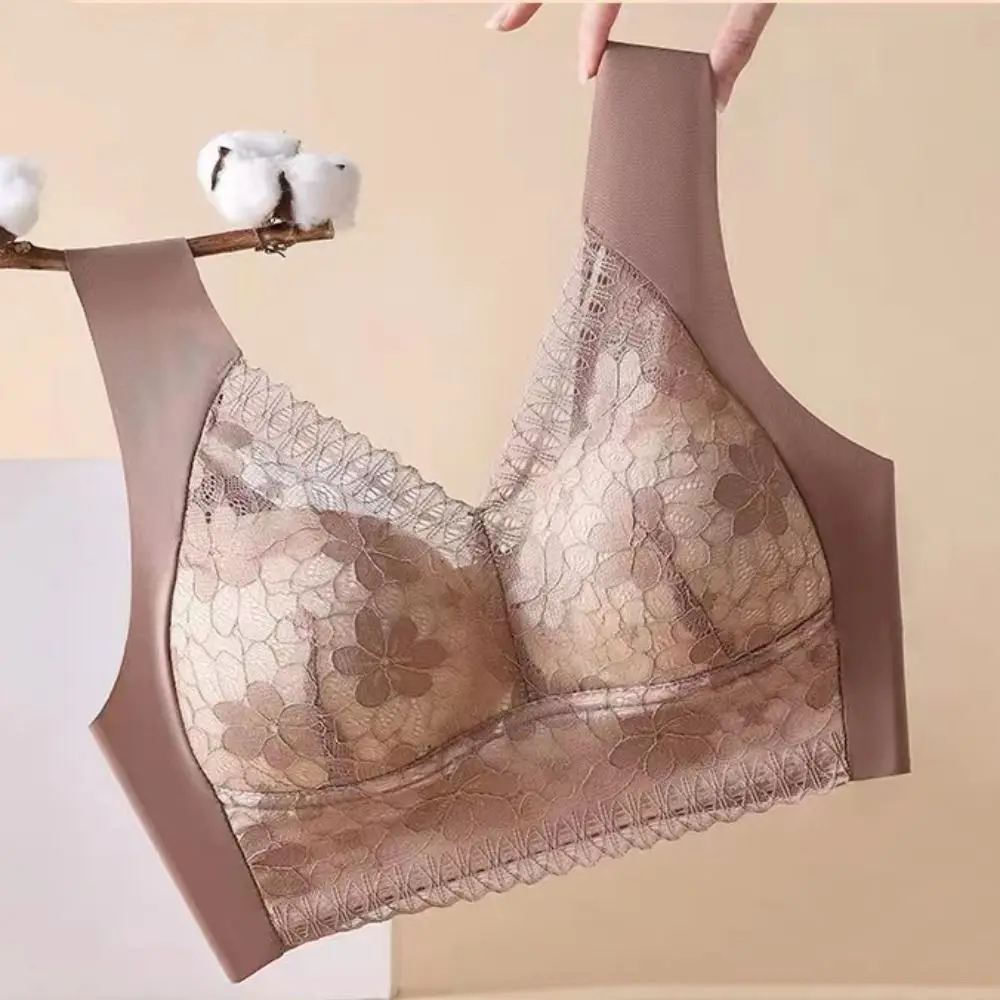 Moda plus size renda roupa interior feminina à prova de choque close-fitting sem fio profundo v sutiã confortável lingerie sem costura sutiã presentes